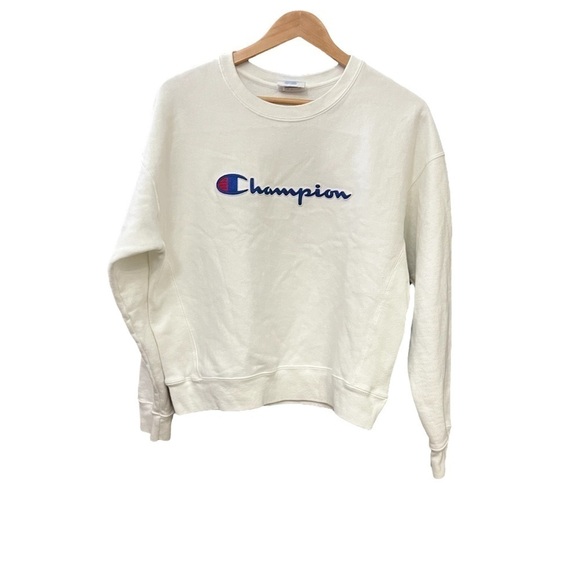 Vintage Champion Reverse Weave Sweatshirt Women’s Sz L White Spellout Logo - Picture 1 of 11